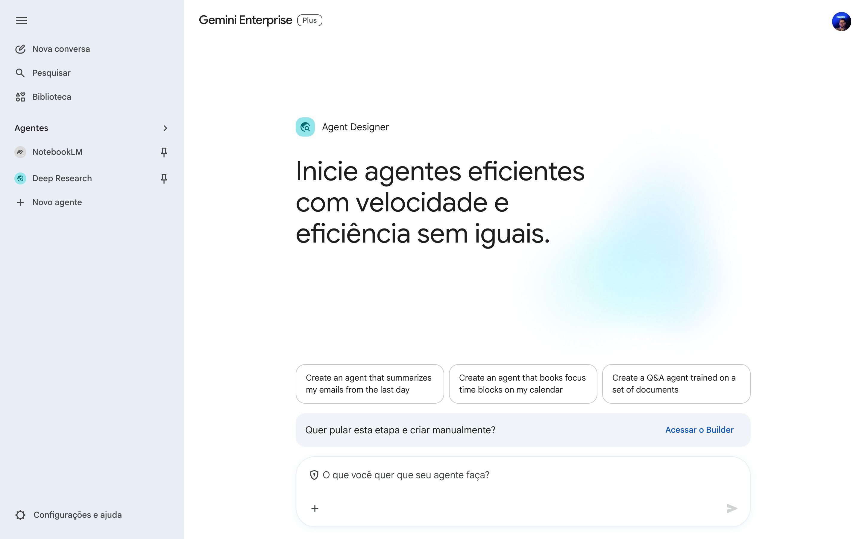 Tela do Agent Designer com o campo 'O que você quer que seu agente faça?' visível