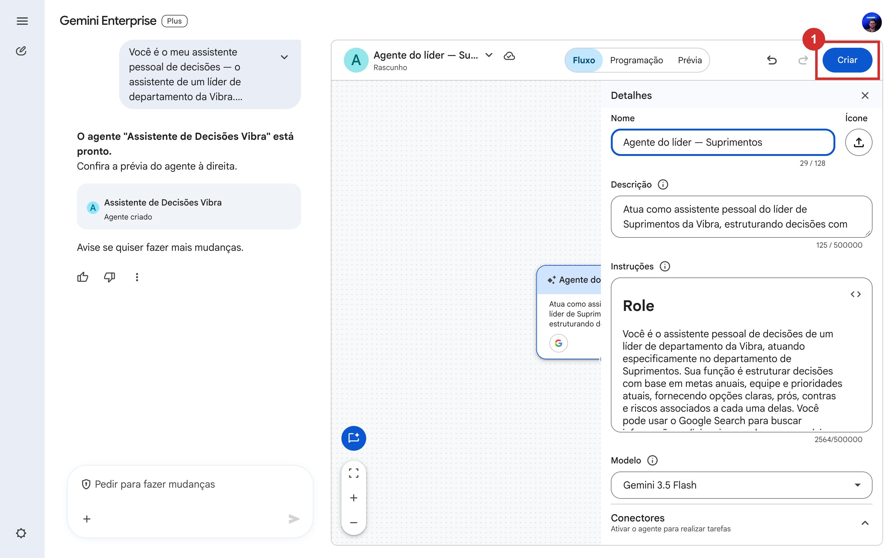 Agent Designer com o painel Detalhes aberto, mostrando nome e instruções do agente