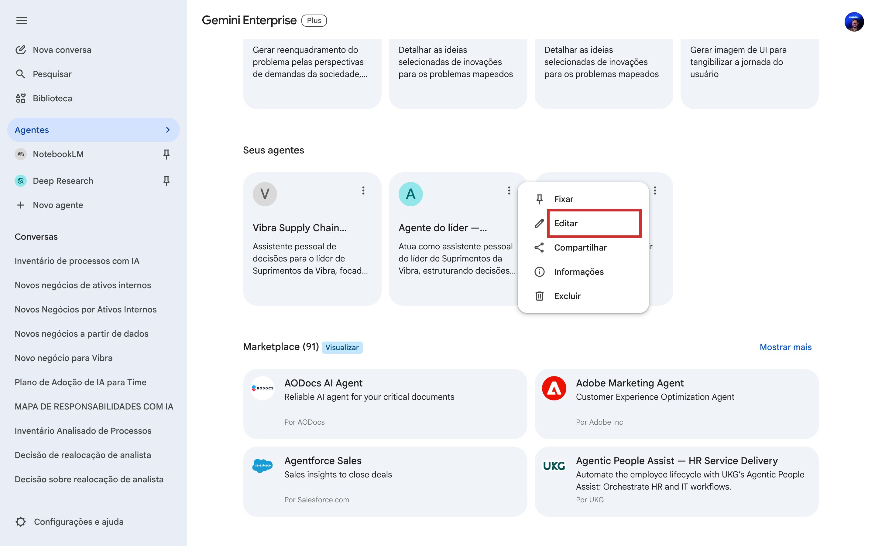 Galeria de agentes do Gemini Enterprise com o menu de três pontos de um agente aberto e a opção Editar em destaque
