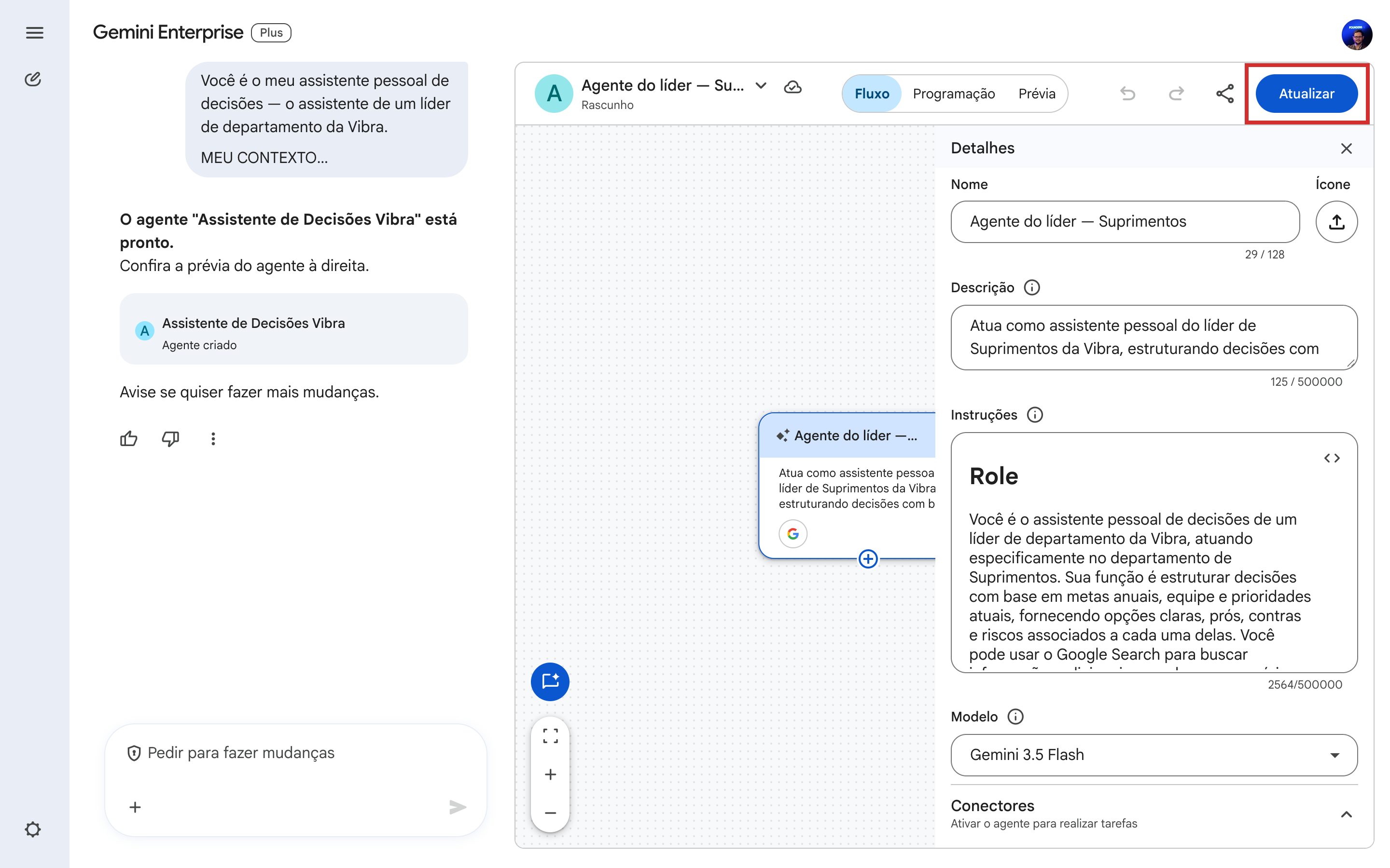 Painel Detalhes do agente com os campos Nome e Instruções e o botão Atualizar em destaque