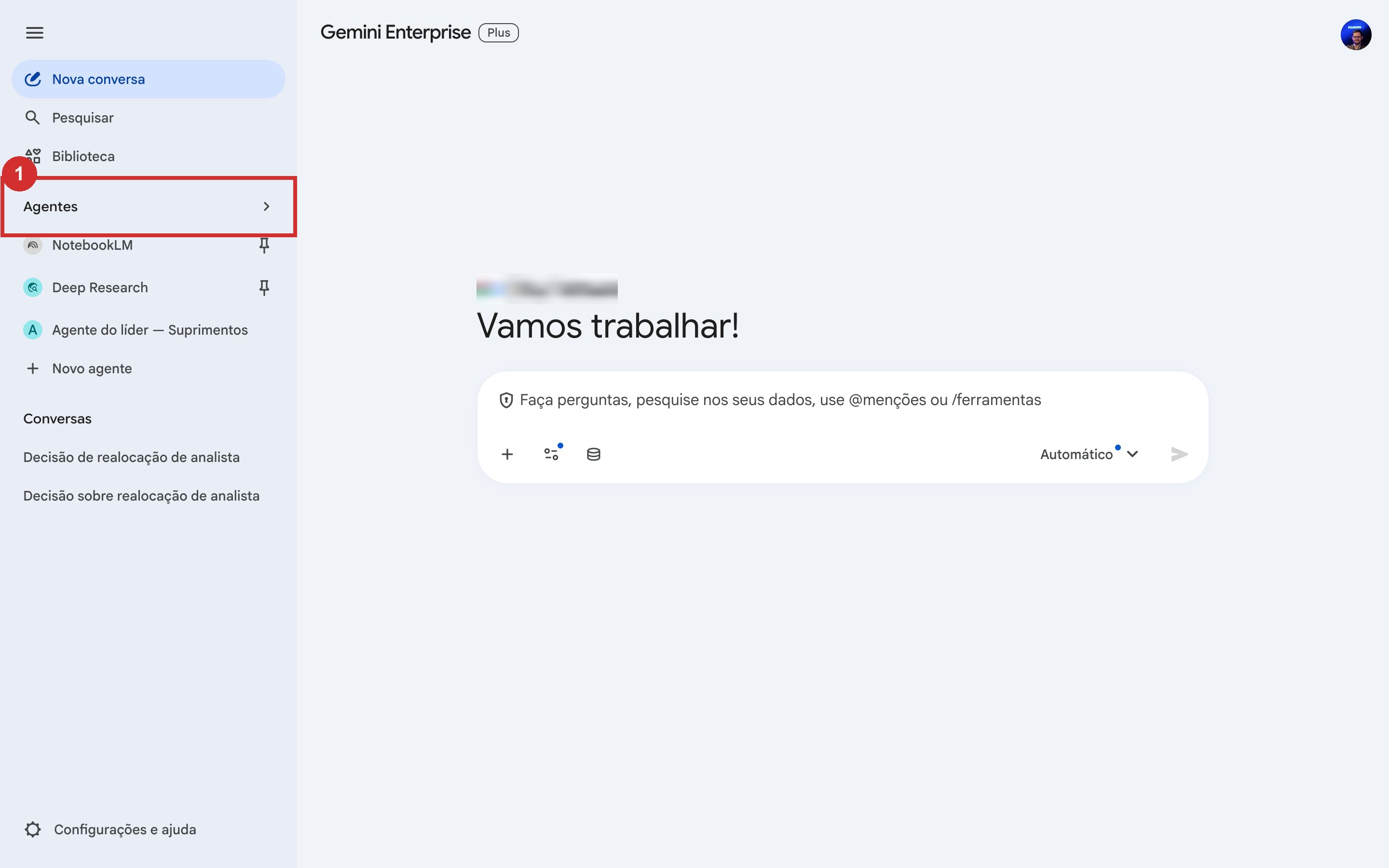 Tela inicial do Gemini Enterprise da Vibra com o item Agentes da barra lateral esquerda em destaque
