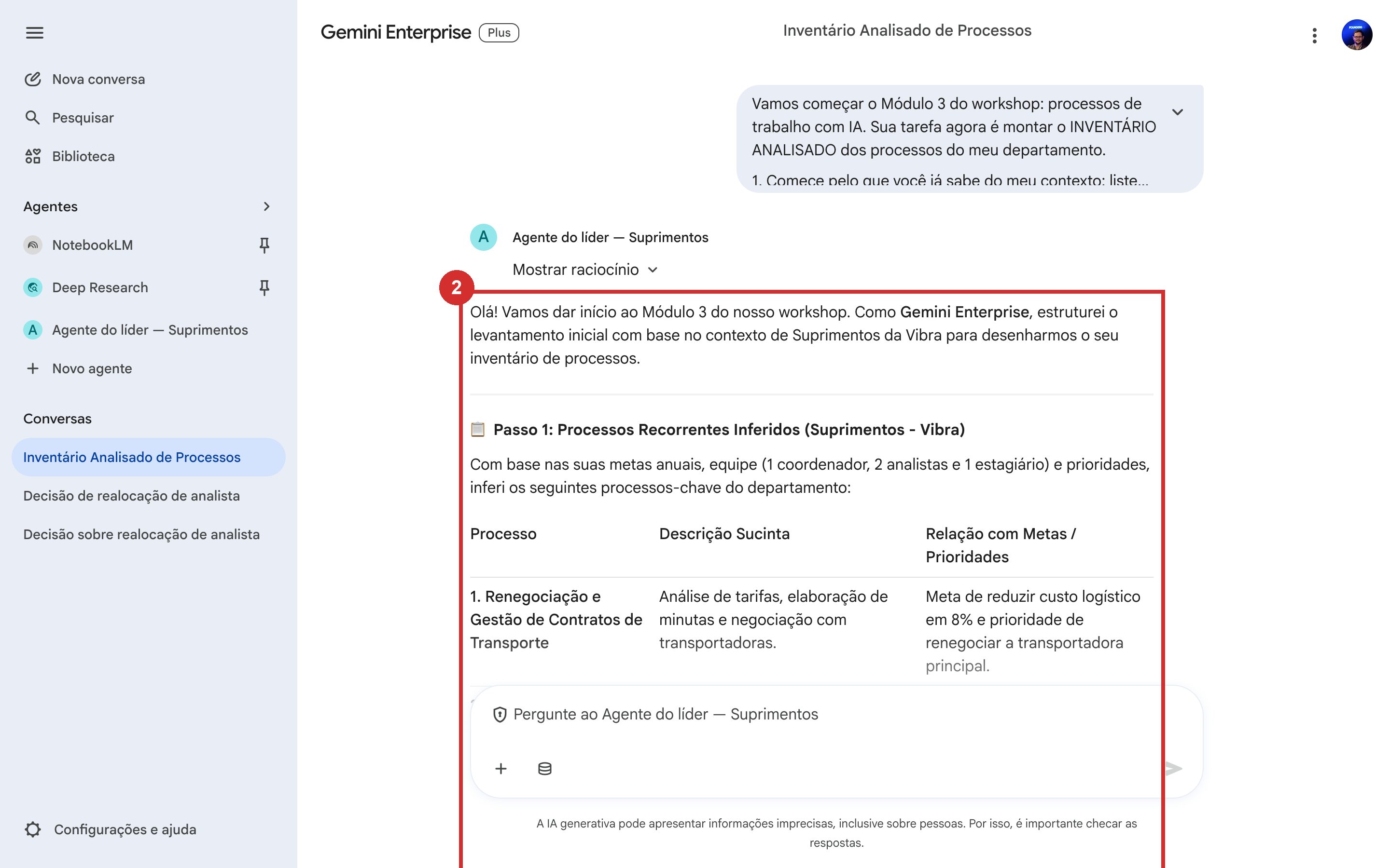 Conversa com o Agente mostrando o prompt do inventário enviado e o início da resposta, com os processos inferidos do contexto do departamento