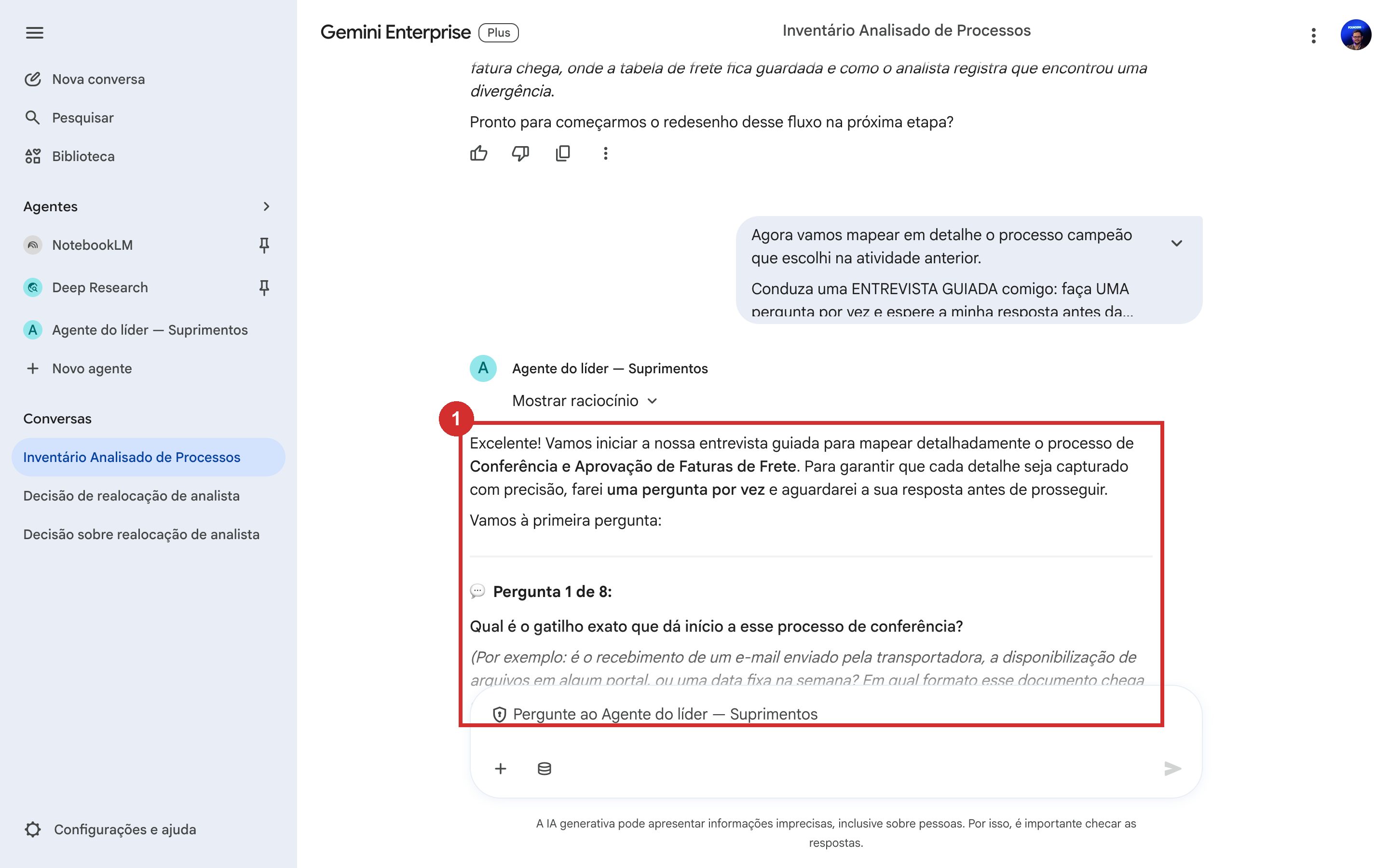 Conversa com o Agente mostrando o prompt da entrevista guiada enviado e a primeira pergunta do Agente sobre o disparo do processo