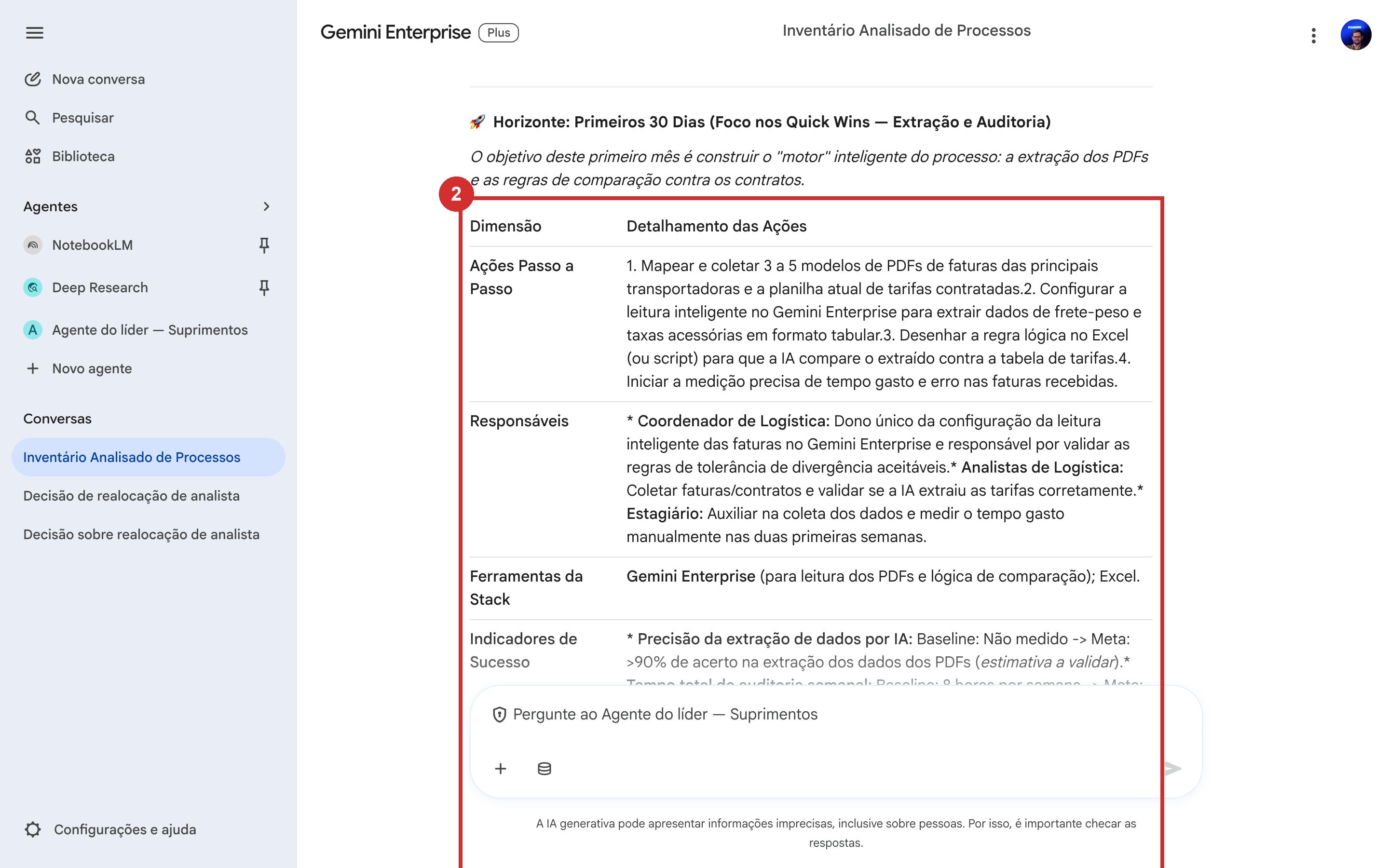 Plano 30/60/90 na resposta do Agente — horizonte de 30 dias com ações, responsáveis, ferramentas da stack Vibra, indicadores baseline para meta e ritual de acompanhamento