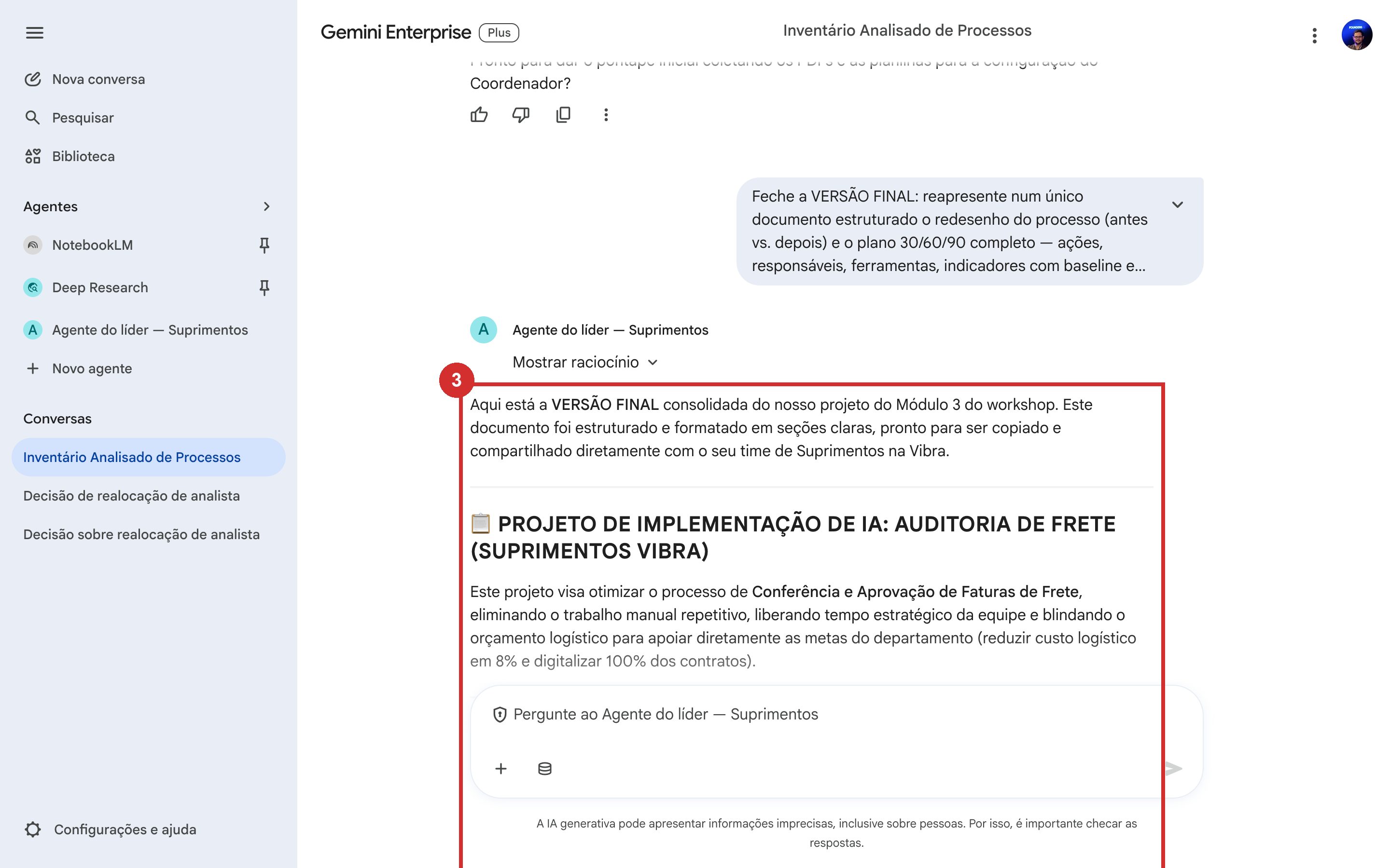 Versão final consolidada do plano de implementação na resposta do Agente — redesenho e plano 30/60/90 num documento único