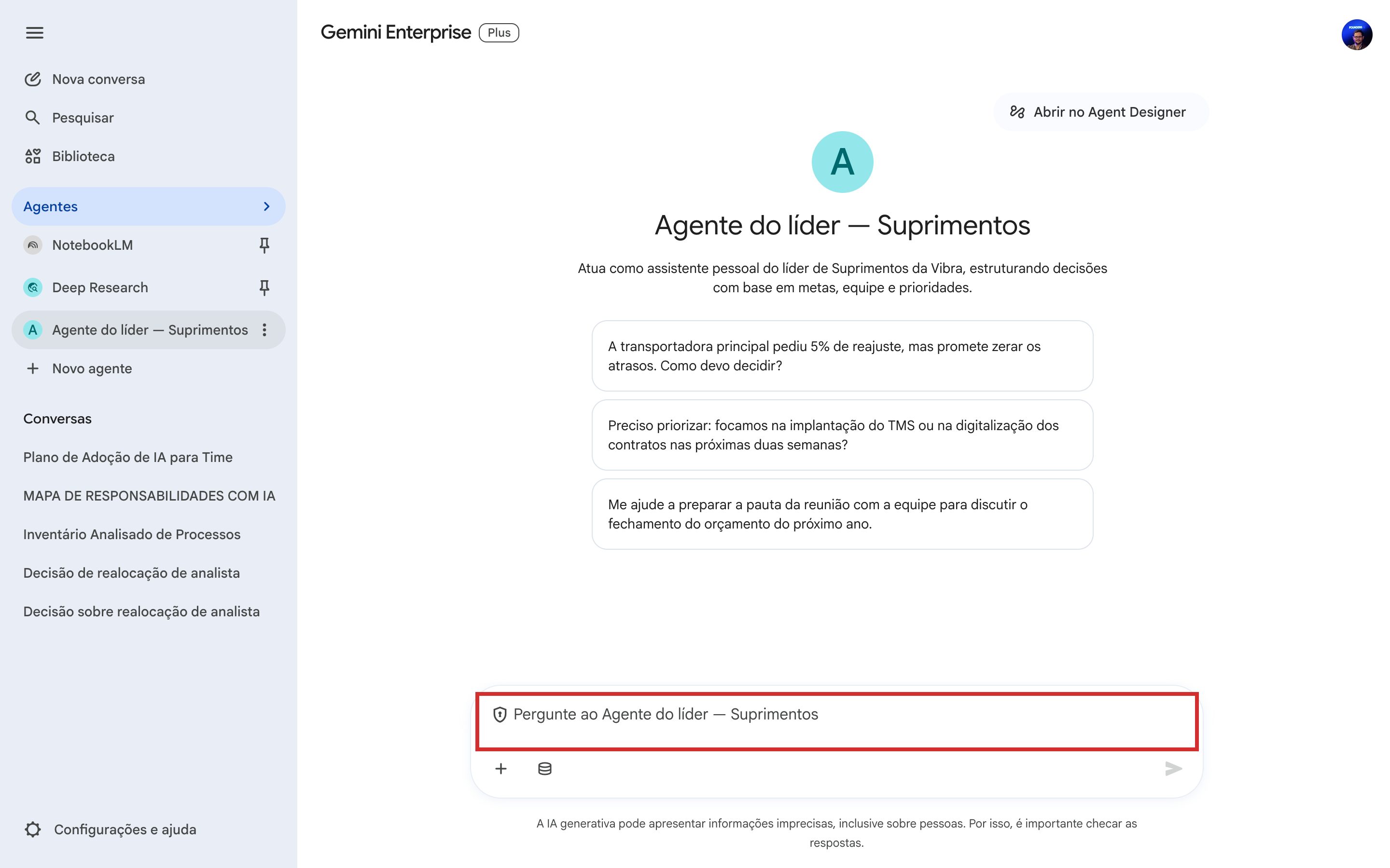 Conversa nova aberta no Agente do líder, com o campo de mensagem visível