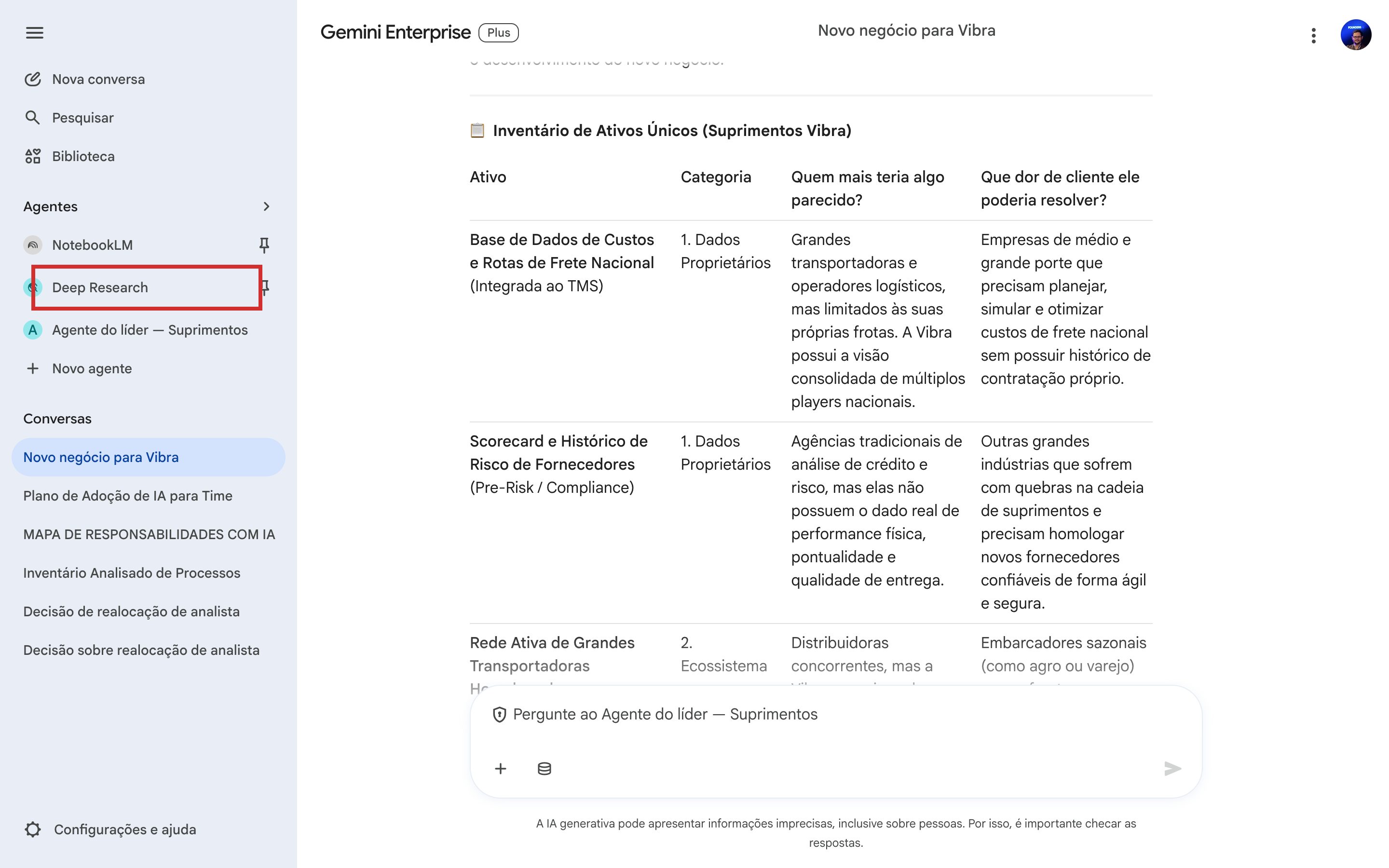 Item Deep Research na barra lateral do Gemini Enterprise em destaque