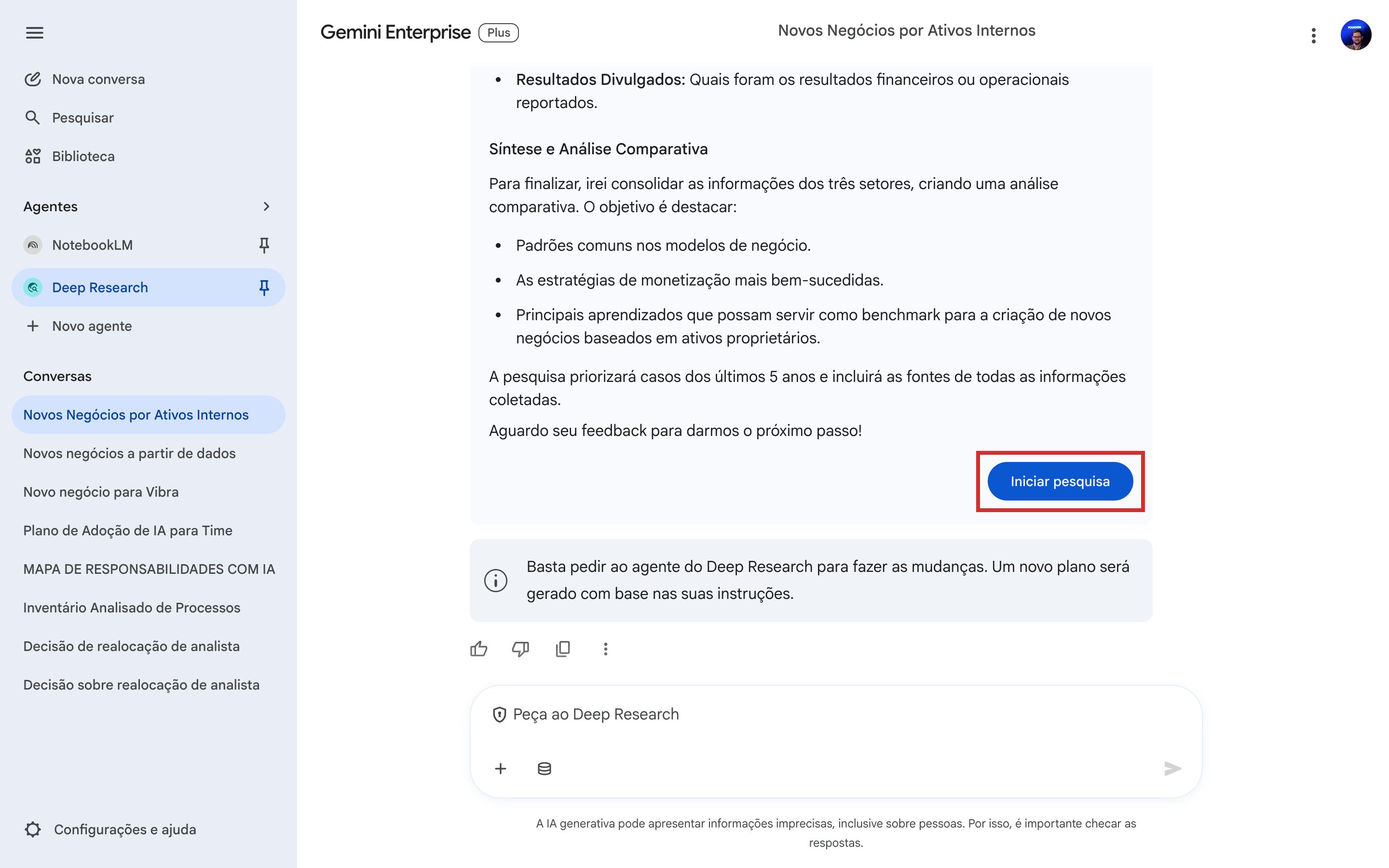 Plano de pesquisa proposto pelo Deep Research com o botão Iniciar pesquisa em destaque