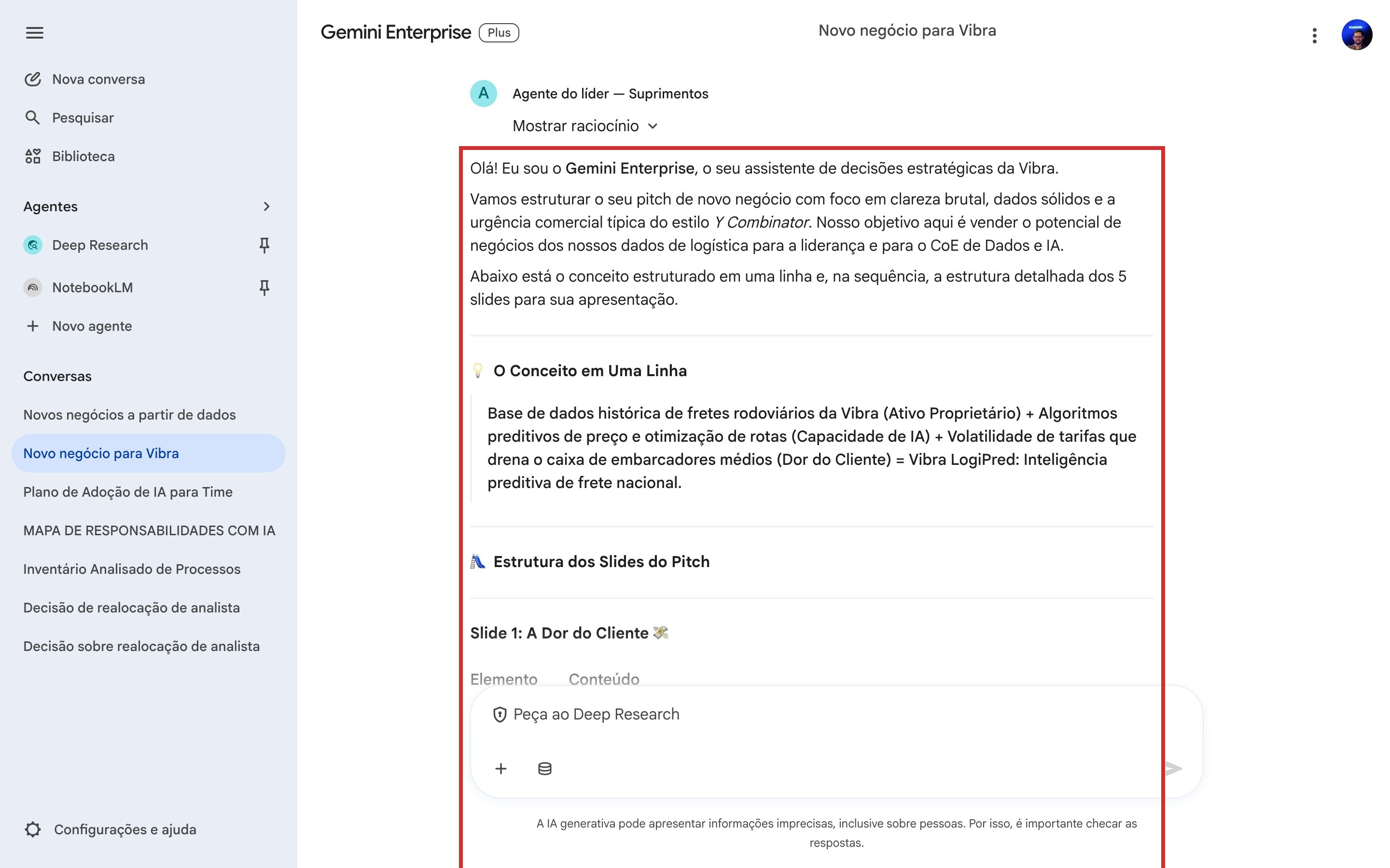 Resposta do Agente com o conteúdo dos 5 slides: título, bullets e roteiro de fala