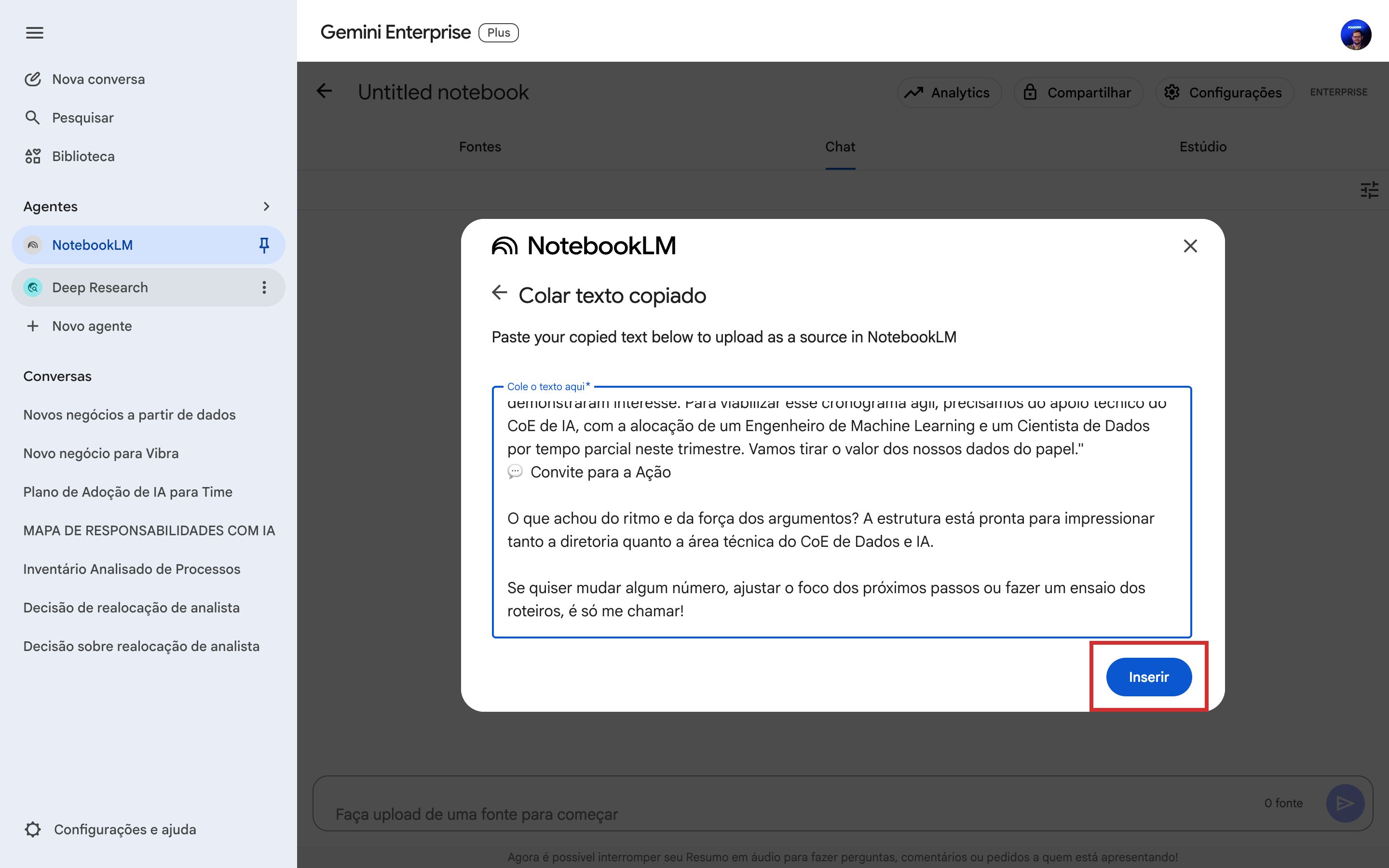 Diálogo Colar texto copiado preenchido com o pitch e o botão Inserir em destaque
