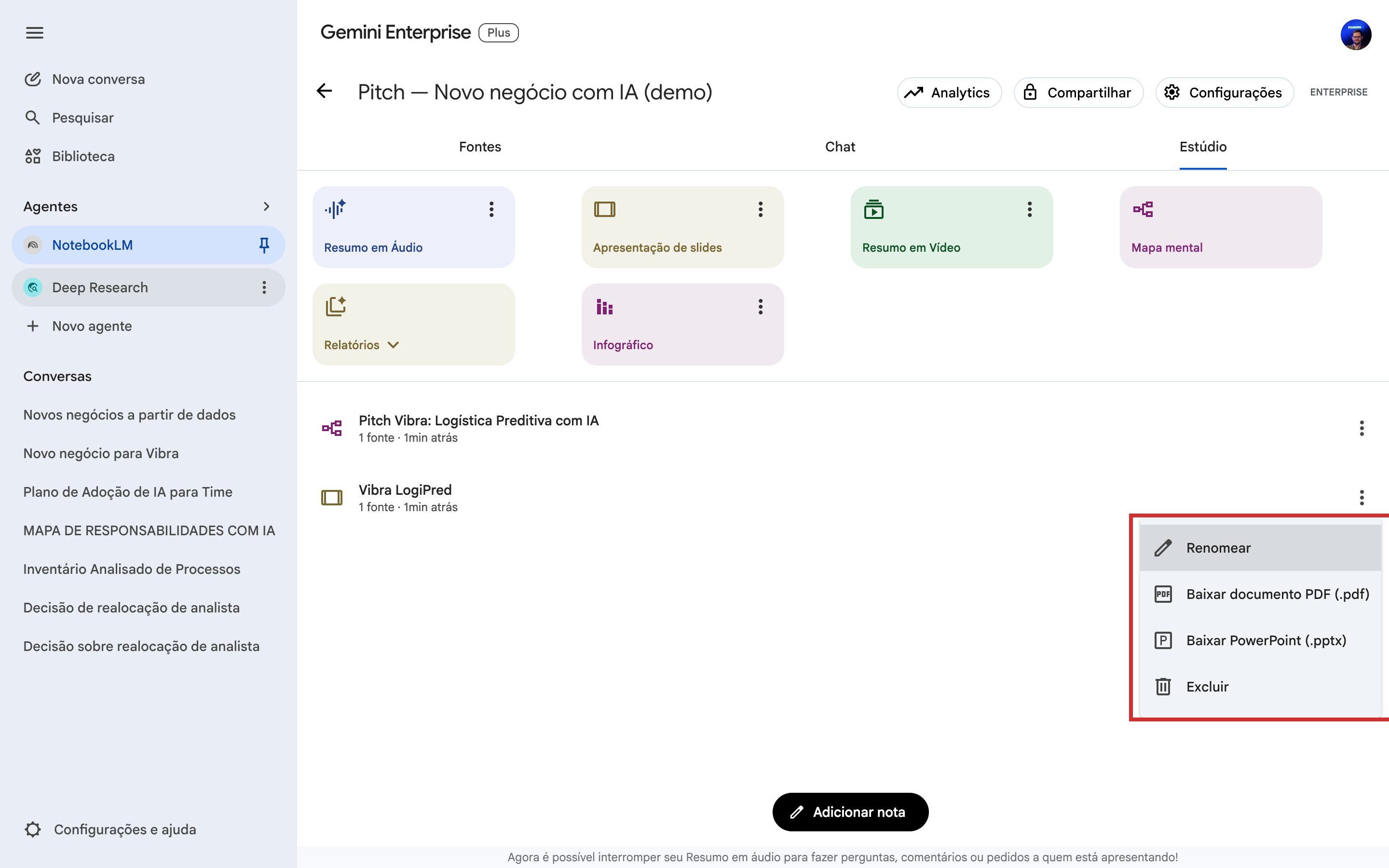 Menu de opções do deck com download em PDF e PowerPoint em destaque