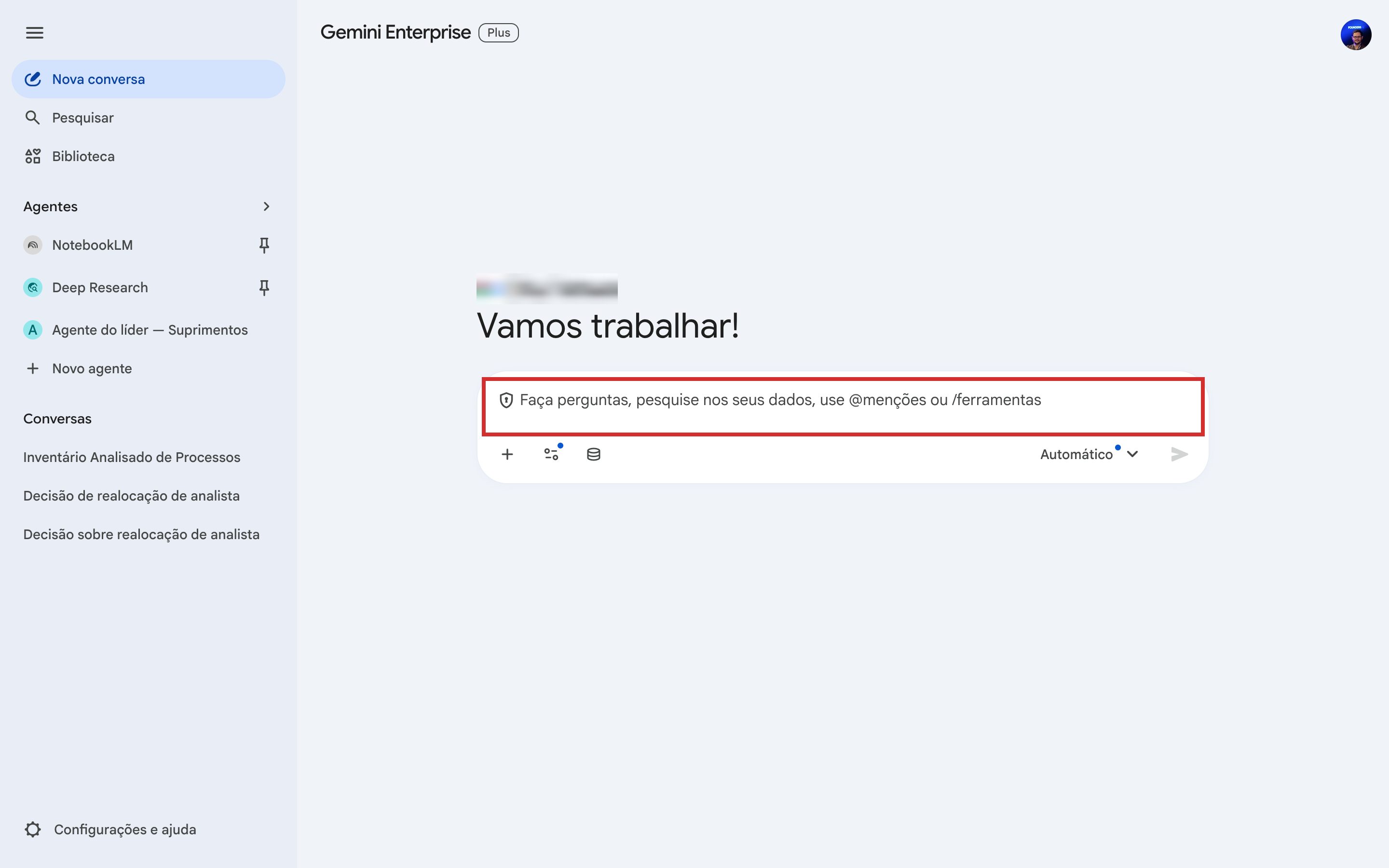 Tela inicial do Gemini Enterprise da Vibra com a caixa de nova conversa em destaque