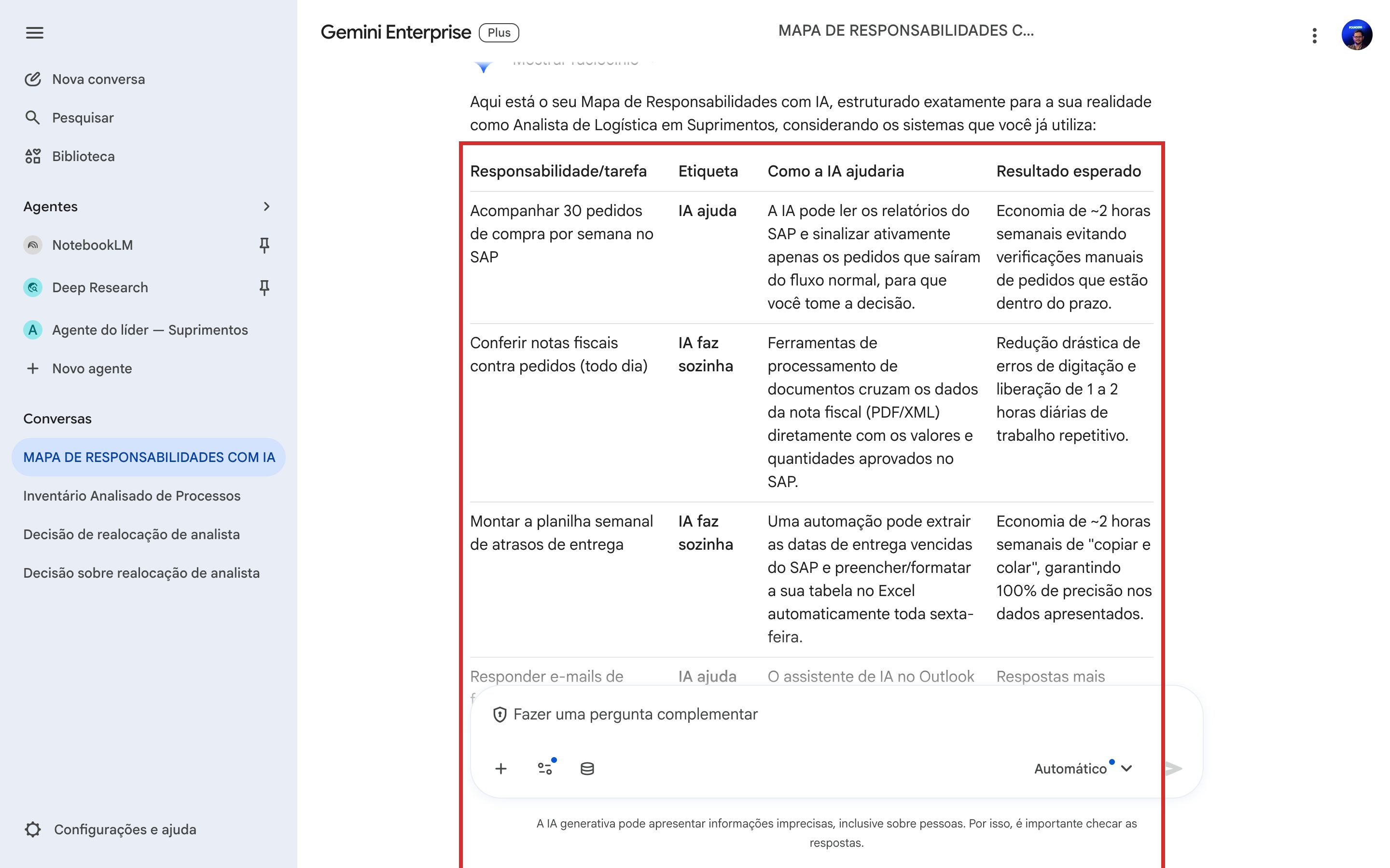 Resposta do Gemini Enterprise com a tabela do mapa de responsabilidades etiquetada